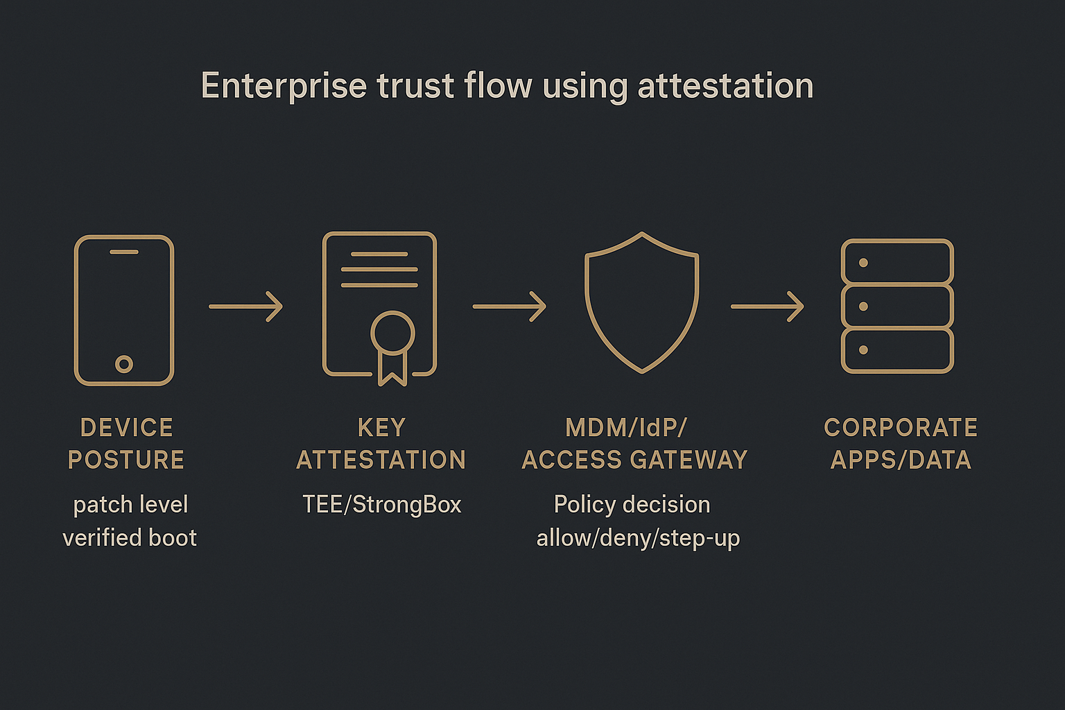 Enterprise trust flow diagram using attestation: device → hardware-backed proof → policy decision → corporate access