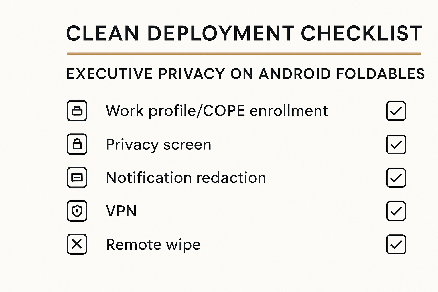 An executive comparison infographic showing a side-by-side matrix of three foldables highlighting security hardware, update years, and MDM support