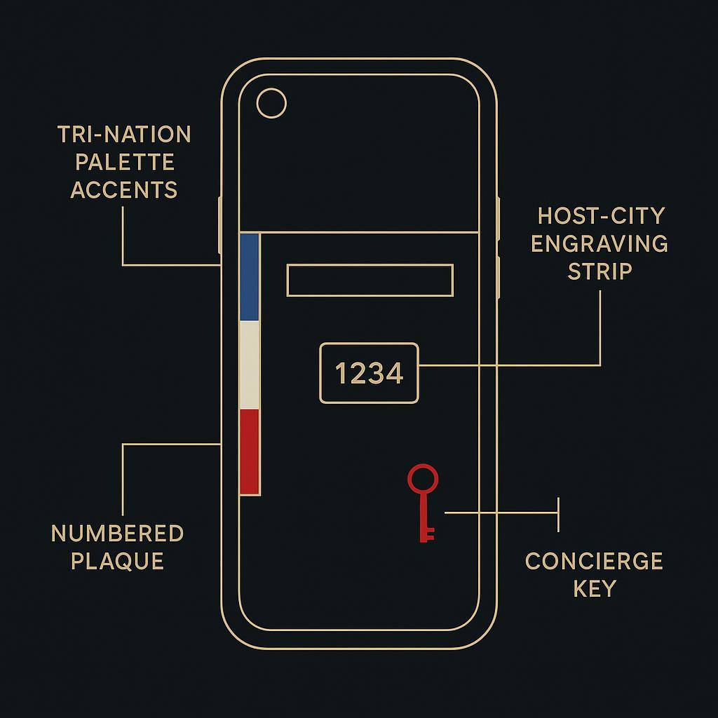 Annotated design infographic showing key external cues: tri-nation palette accents, host-city engraving strip, numbered plaque, and a concierge key detail