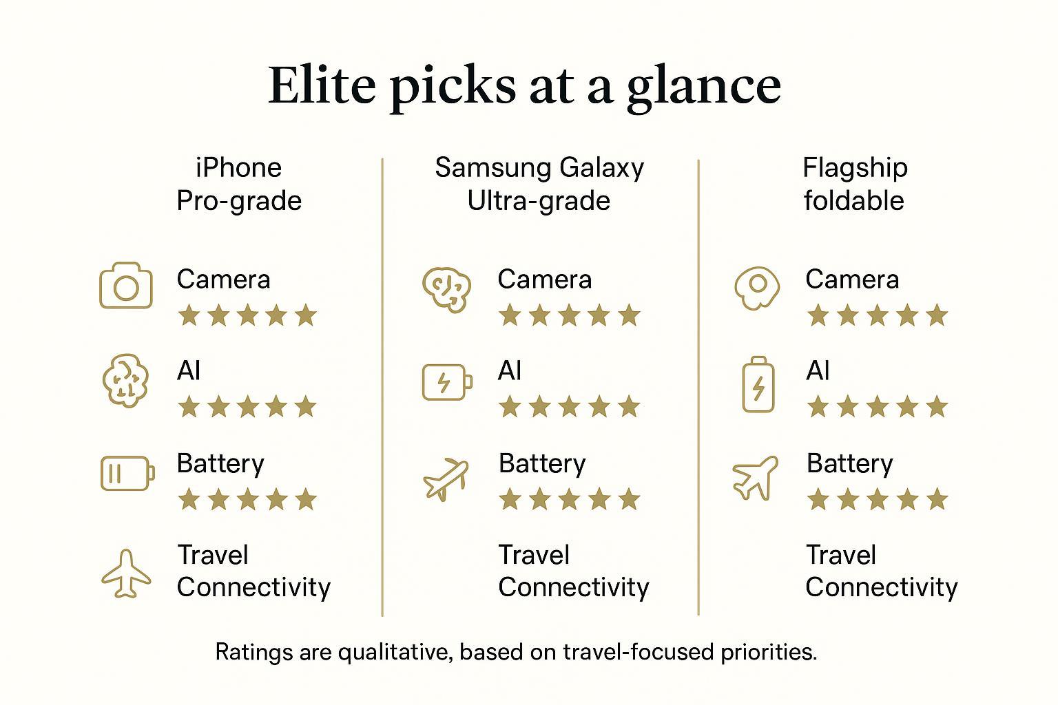 Infographic comparing iPhone Pro-grade, Galaxy Ultra-grade, and a flagship foldable for camera, AI, battery, and travel connectivity