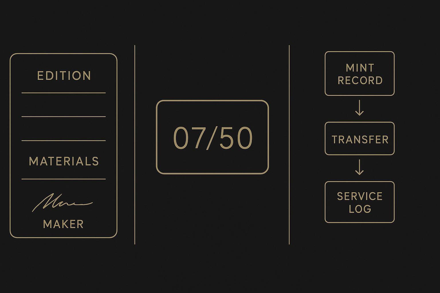 Infographic showing an edition card, serial engraving, and a simple blockchain provenance flow