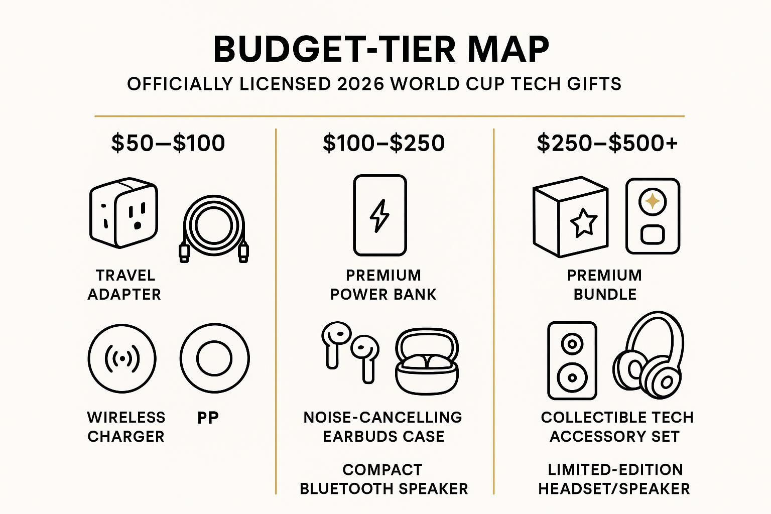 Infographic: budget-tier map of officially licensed 2026 World Cup tech gifts with examples