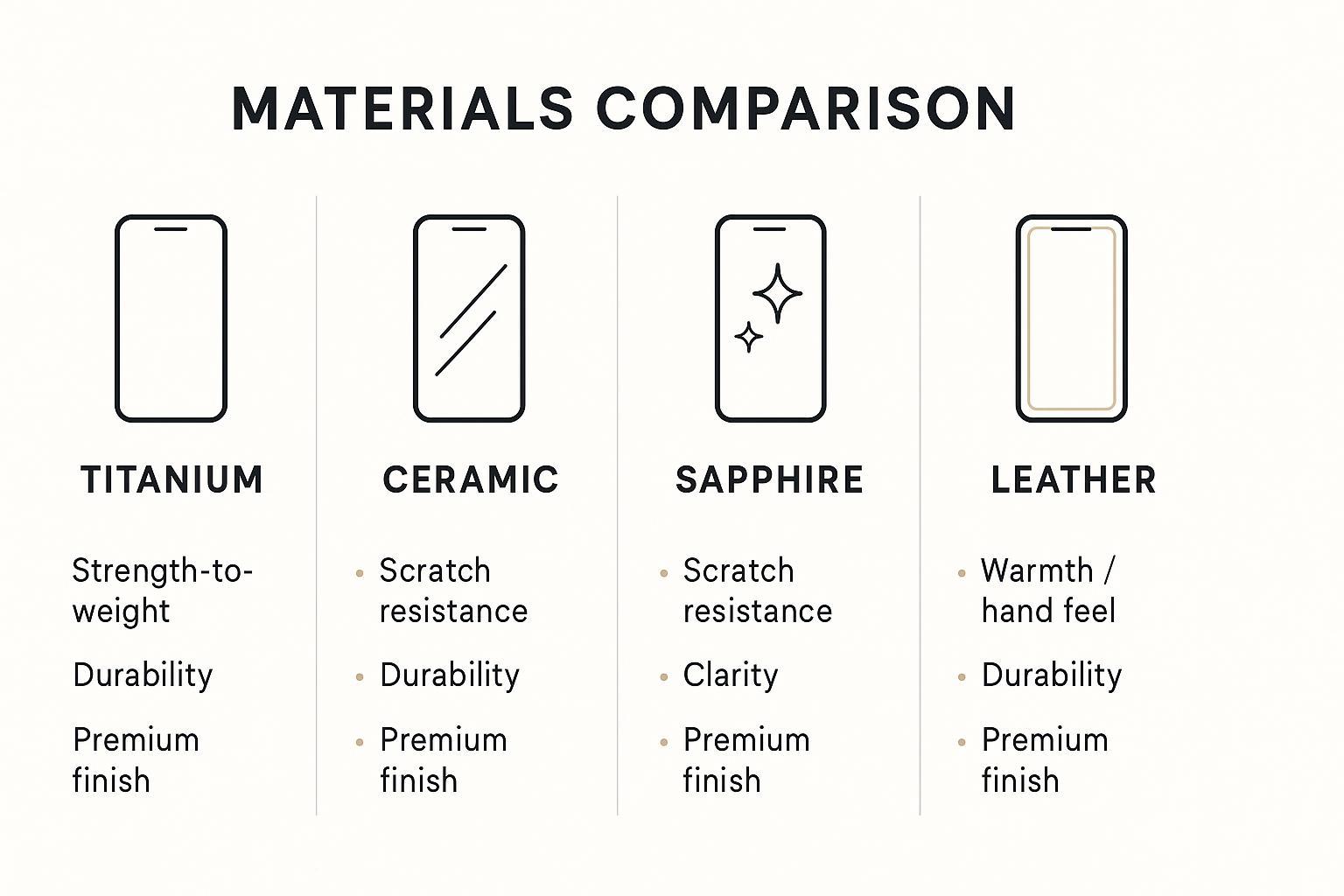 A concise materials infographic comparing titanium, ceramic, sapphire, and leather with icons and brief benefits