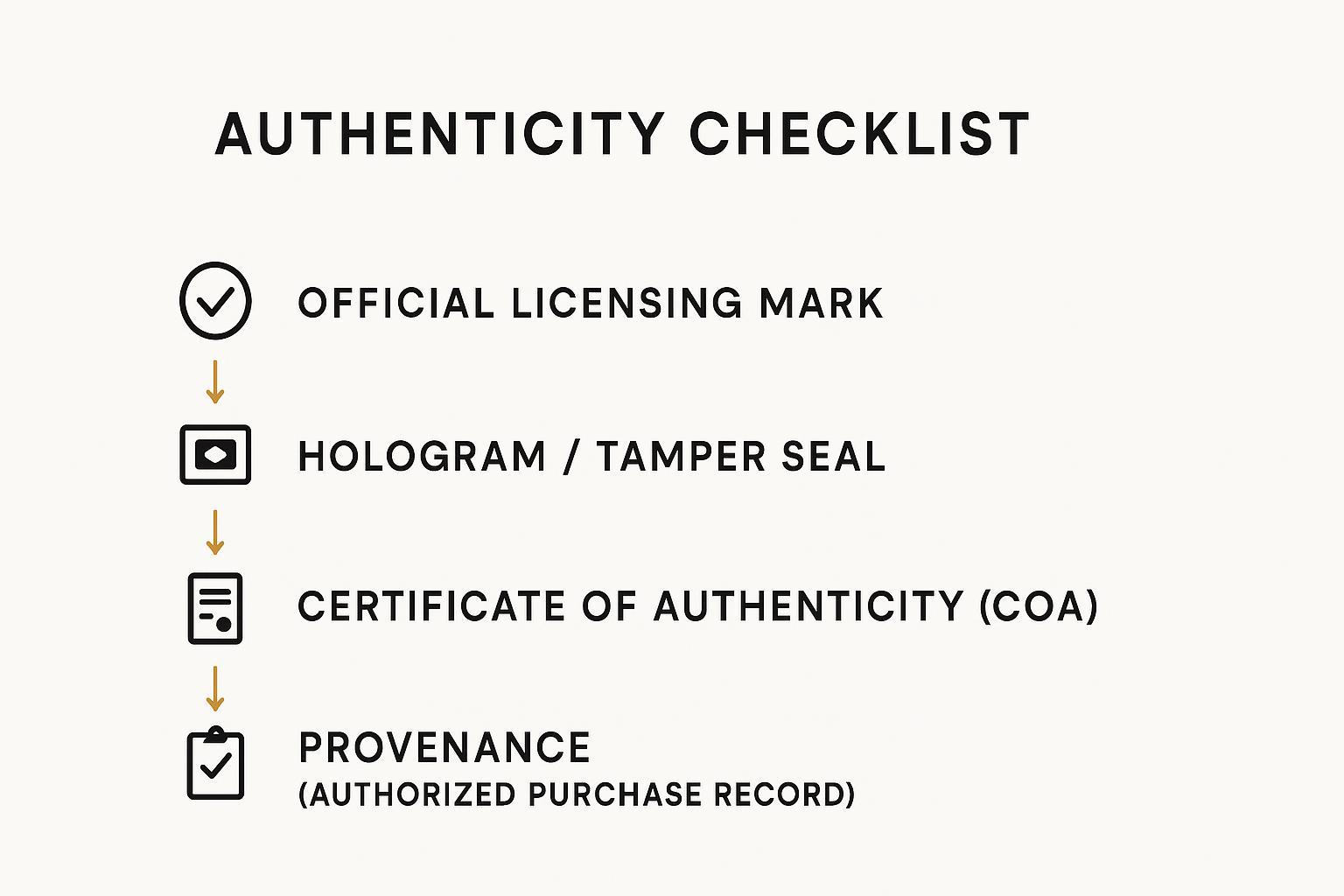 A minimal step-by-step authenticity checklist showing licensing logo, hologram, COA, and provenance steps