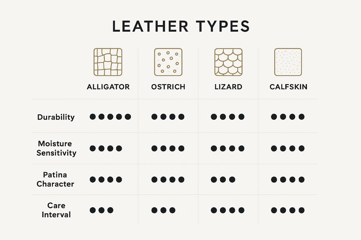 Comparison chart of alligator, ostrich, lizard, and calfskin across durability, moisture sensitivity, patina, and care interval