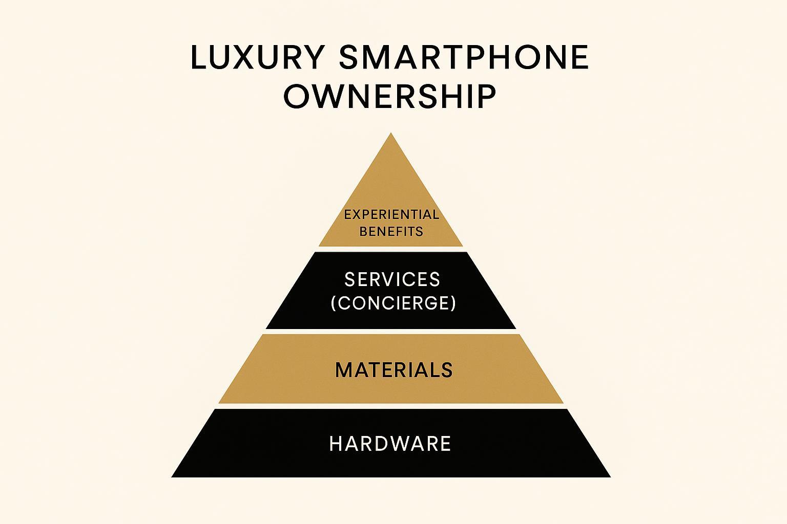 A value stack showing hardware, materials, concierge services, and experiential benefits for luxury phone ownership
