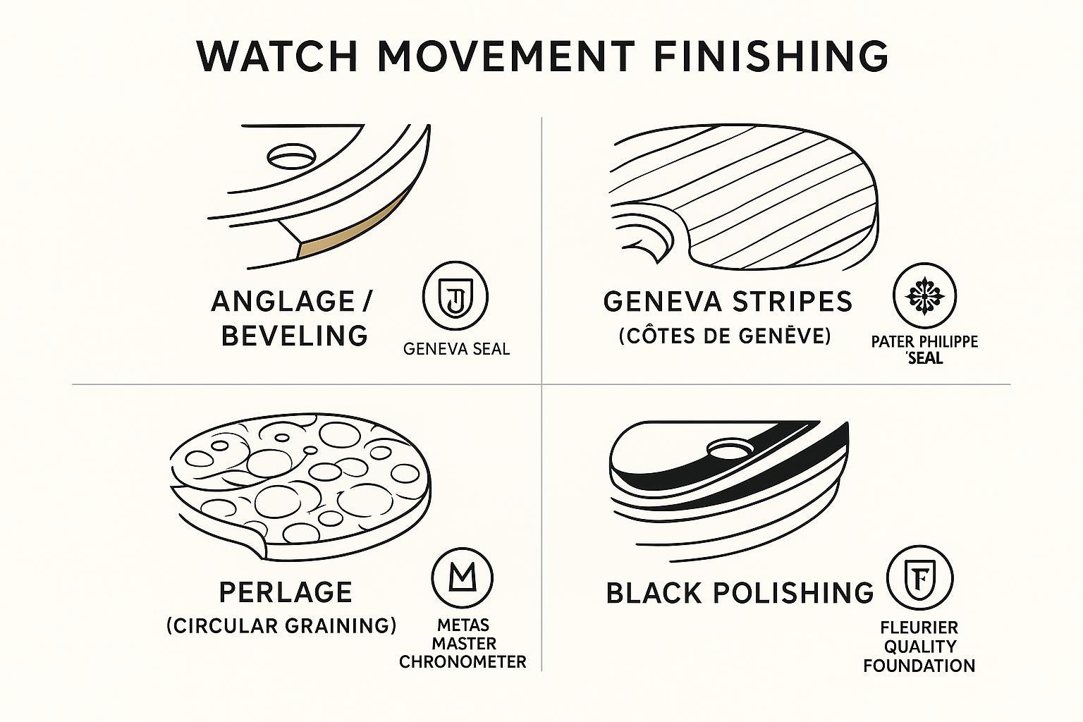 An infographic diagram showing anglage, Geneva stripes, perlage, black polishing, and badges for Geneva Seal, Patek Philippe Seal, METAS, and FQF.