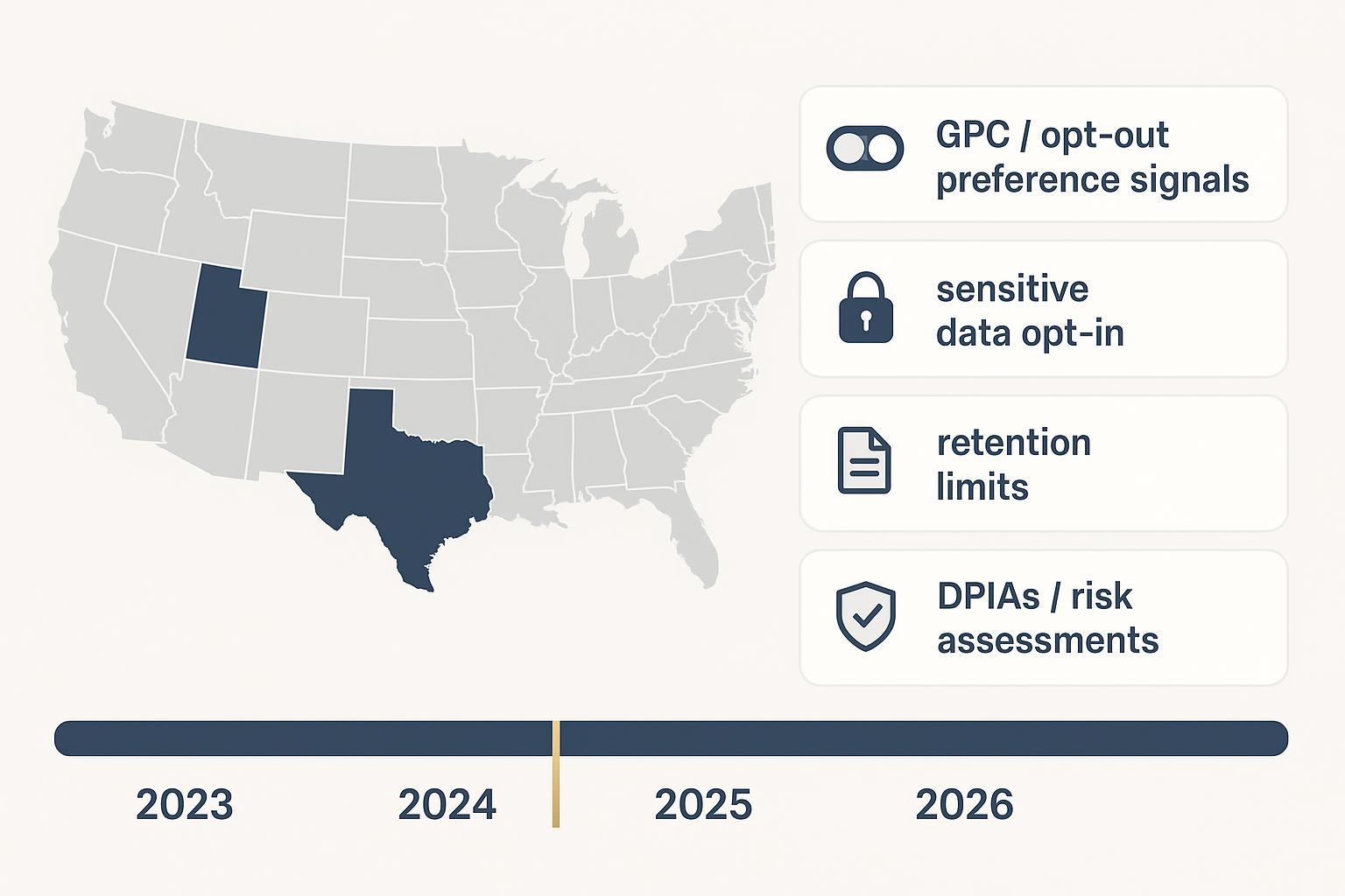 A concise map and timeline of key 2026 U.S. privacy requirements: GPC, sensitive data opt-in, retention, DPIAs