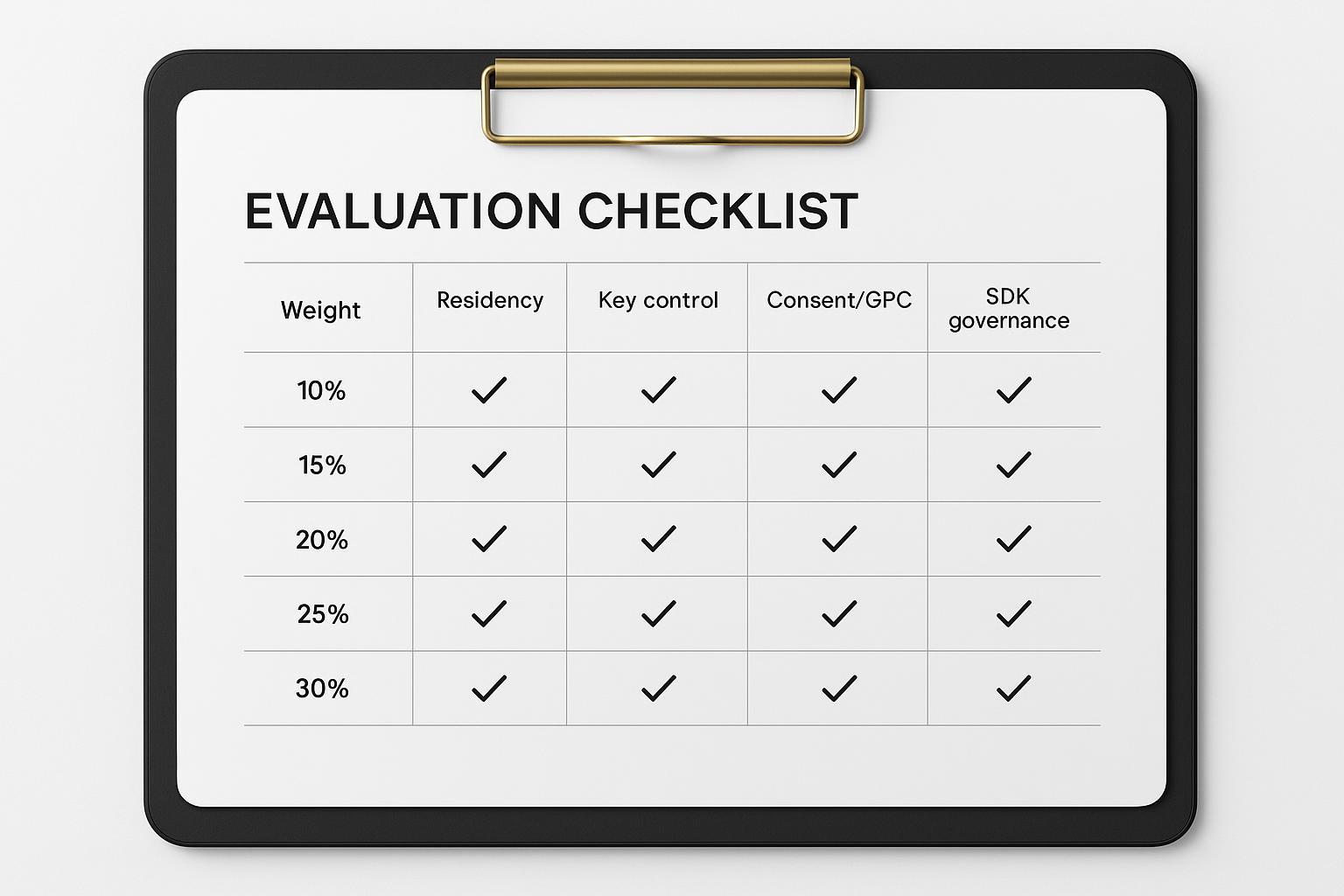 A weighted vendor-scoring matrix covering residency, keys, consent/GPC support, SDK governance, audit evidence