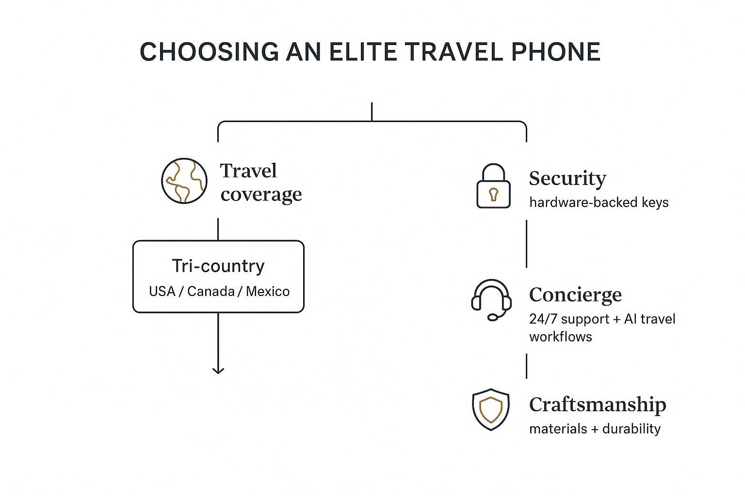 A decision flow showing phone shortlisting by travel coverage, security, concierge, and craftsmanship