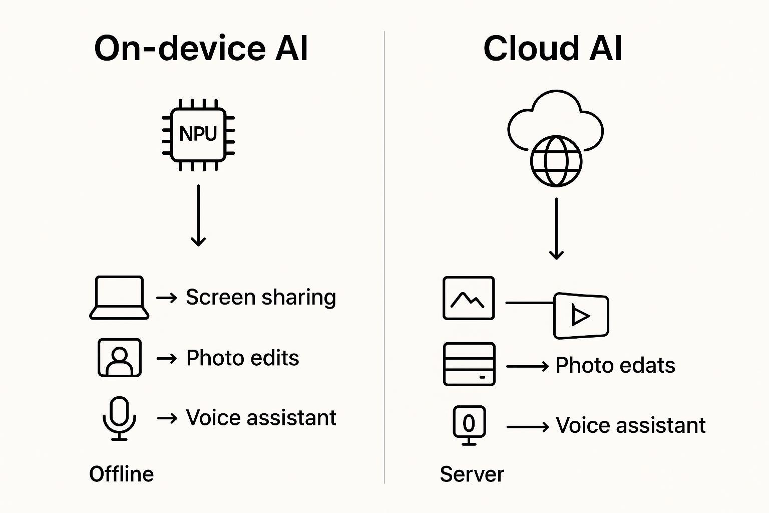 An infographic showing on-device AI vs cloud AI triggers like screen sharing, edits, and translations