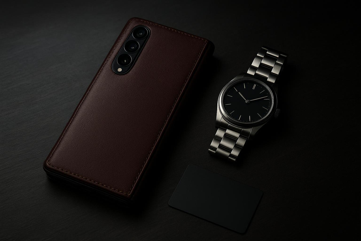 Lifestyle image: ultra-luxury leather foldable beside a Swiss watch and black card