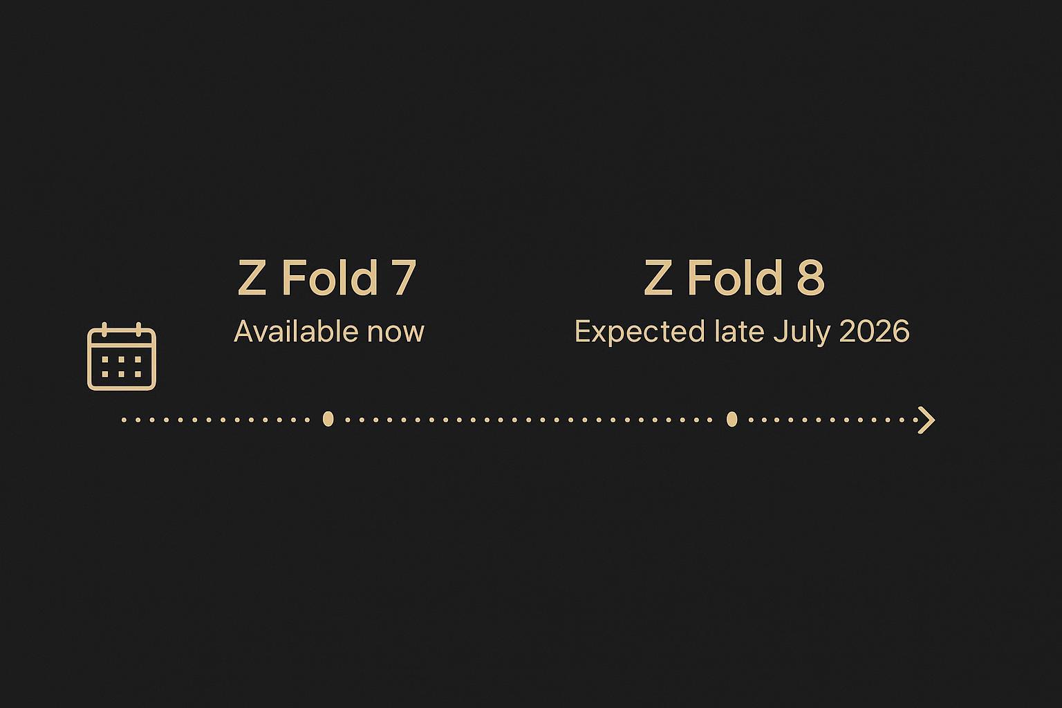 A mini timeline showing Z Fold 7 current vs expected Z Fold 8 late-July 2026 availability