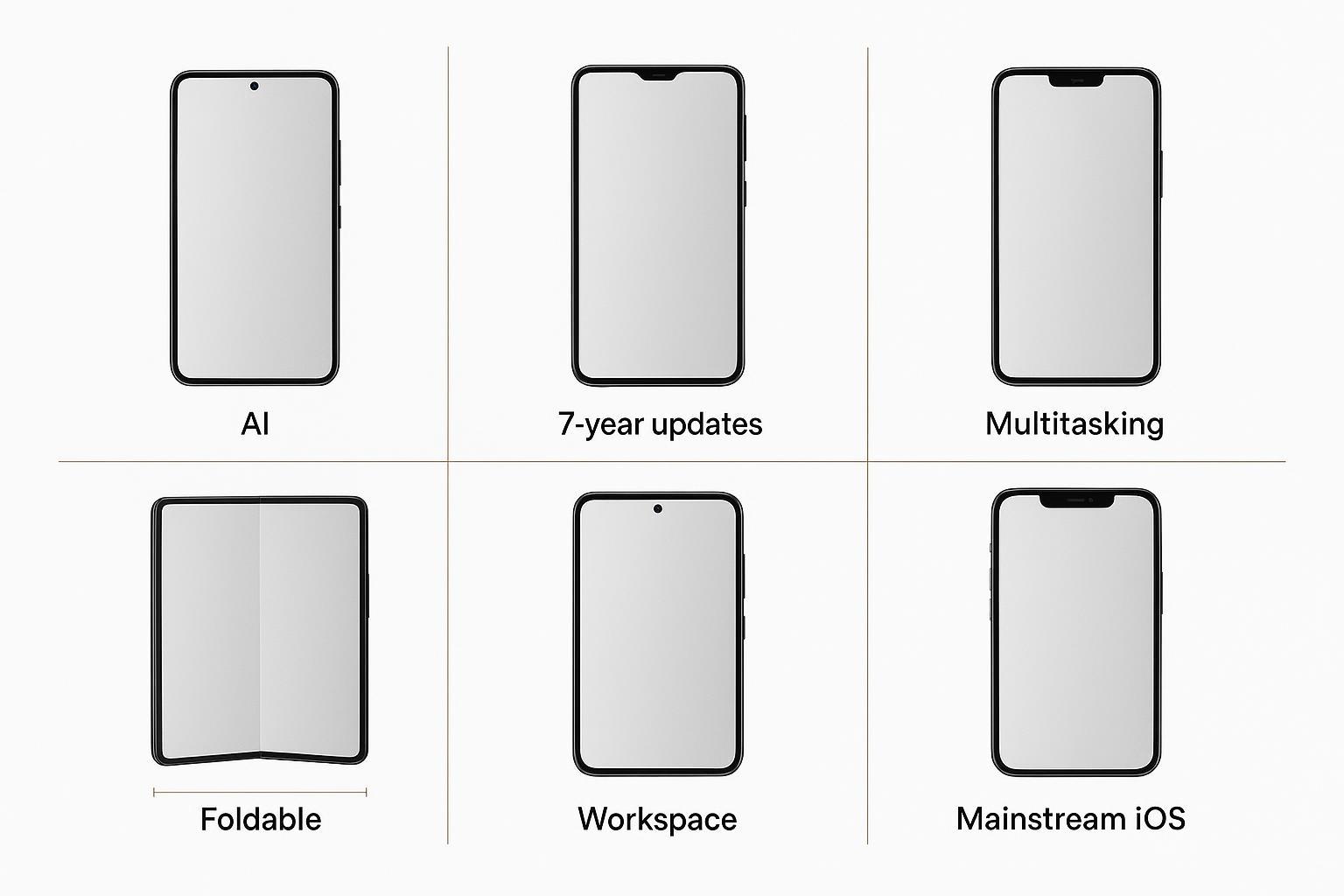 A criteria breakdown chart showing weights for security, battery, productivity, and ecosystem