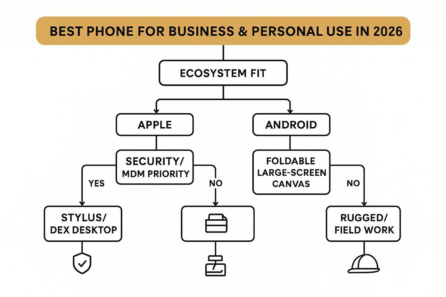 A minimalist flowchart to choose the best phone for business and personal use in 2026 based on ecosystem fit, security, AI needs, stylus/DeX, foldables, and rugged work.