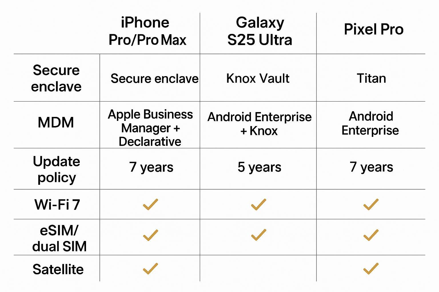 A side-by-side comparison matrix of enterprise and travel features across iPhone Pro/Pro Max, Galaxy S25 Ultra, and Pixel Pro.