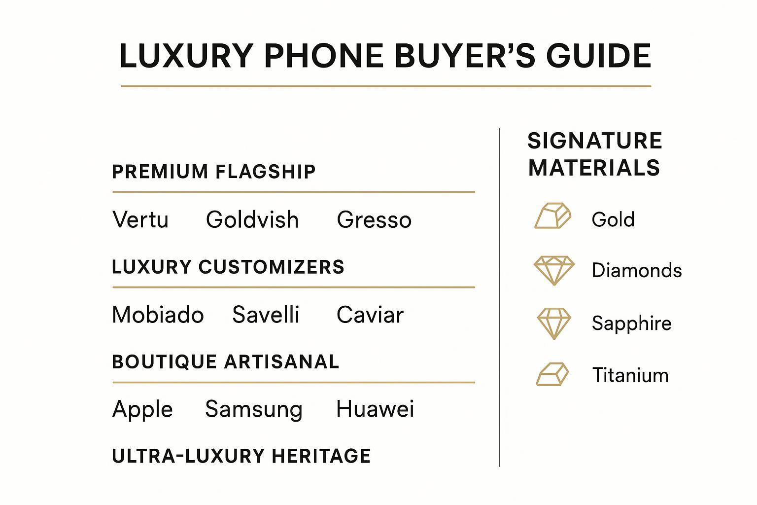 Infographic showing luxury phone brands mapped to relative price bands and signature materials like gold, diamonds, sapphire, and titanium