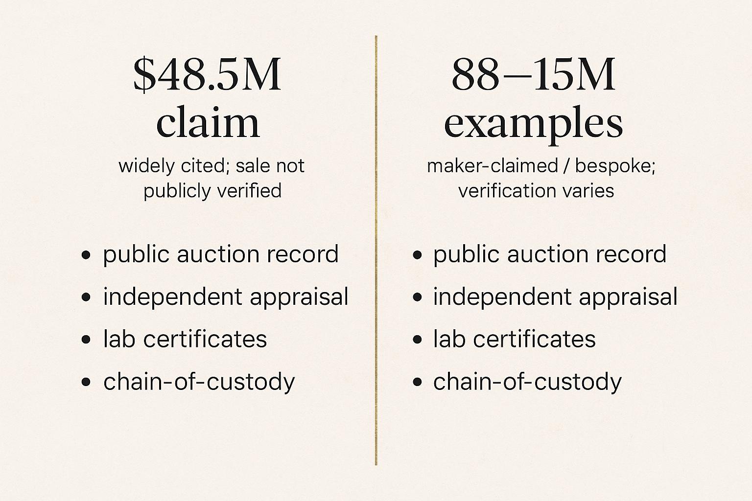 A side-by-side chart clarifying the $48.5M unverified claim vs $8–15M maker-claimed examples with verification notes.