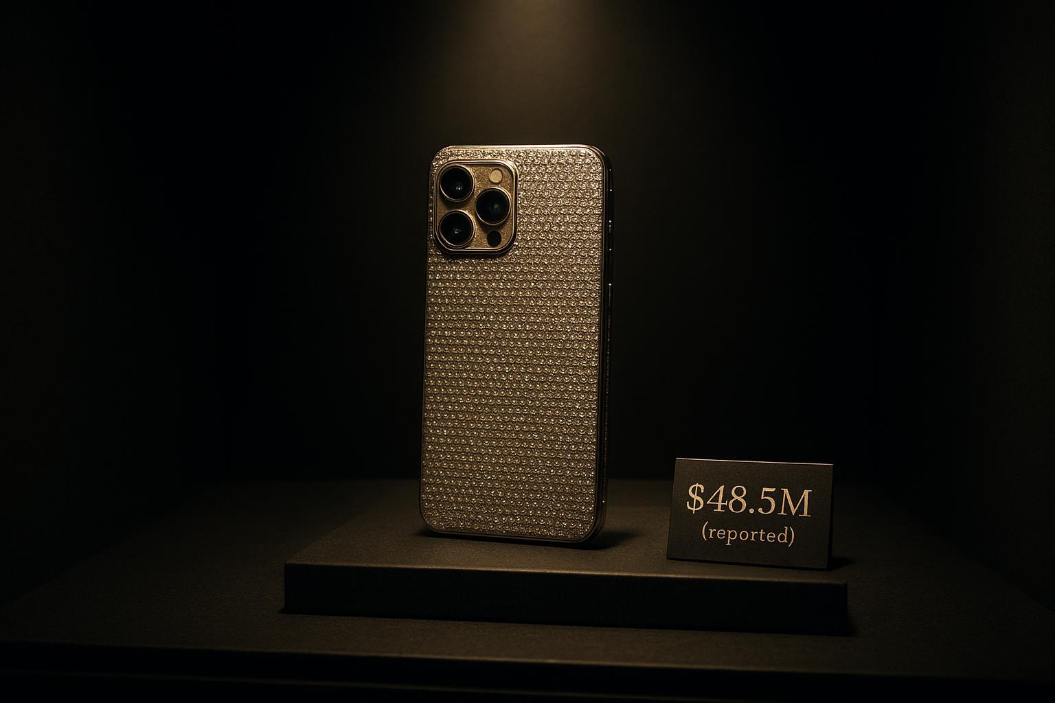 Close-up of diamond settings, hallmarked gold, and sapphire crystal on a luxury phone body—showing craftsmanship at macro scale.