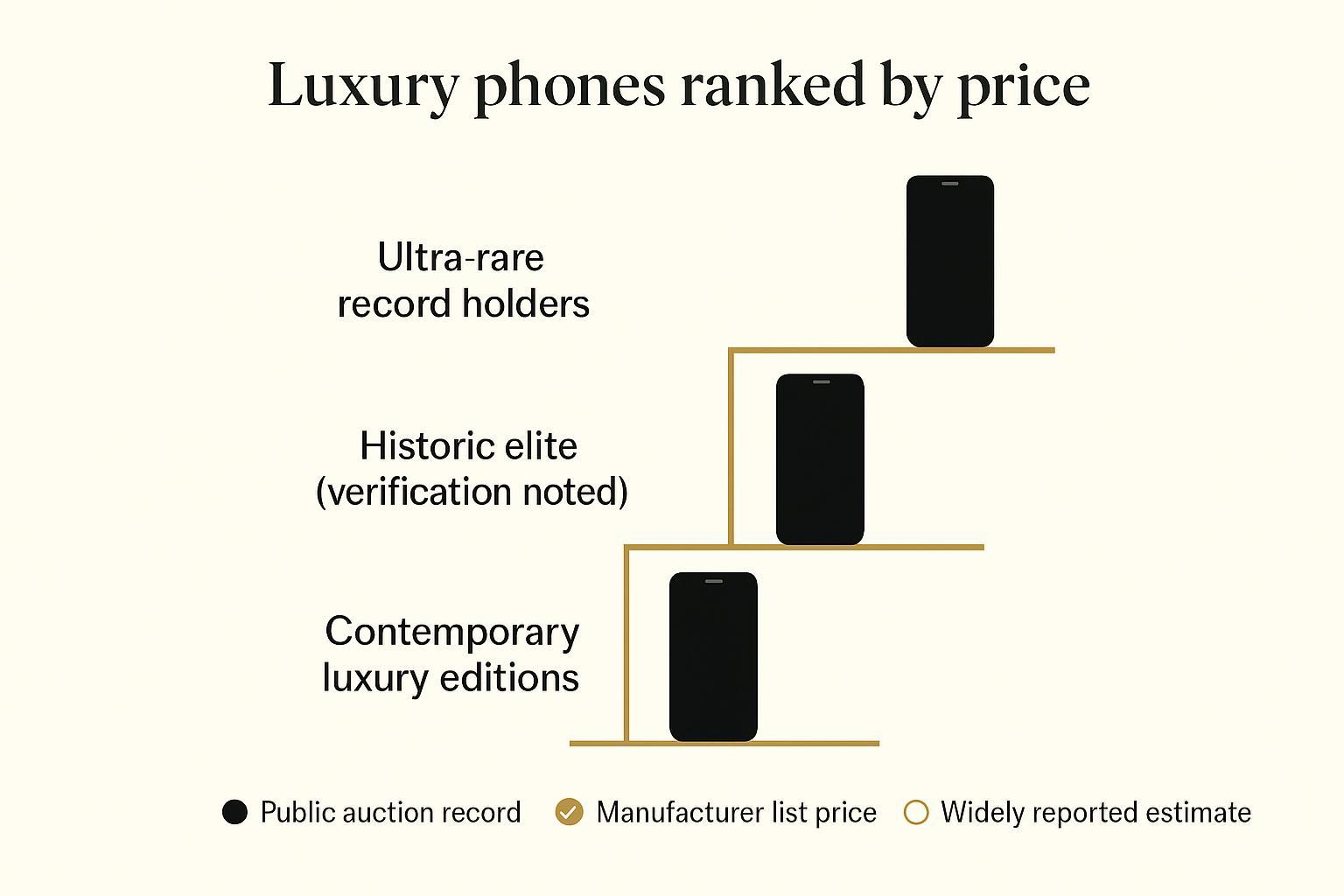 A tiered ladder chart ranking phones by price with verification tiers marked, with verification markers for public records, list prices, and estimates