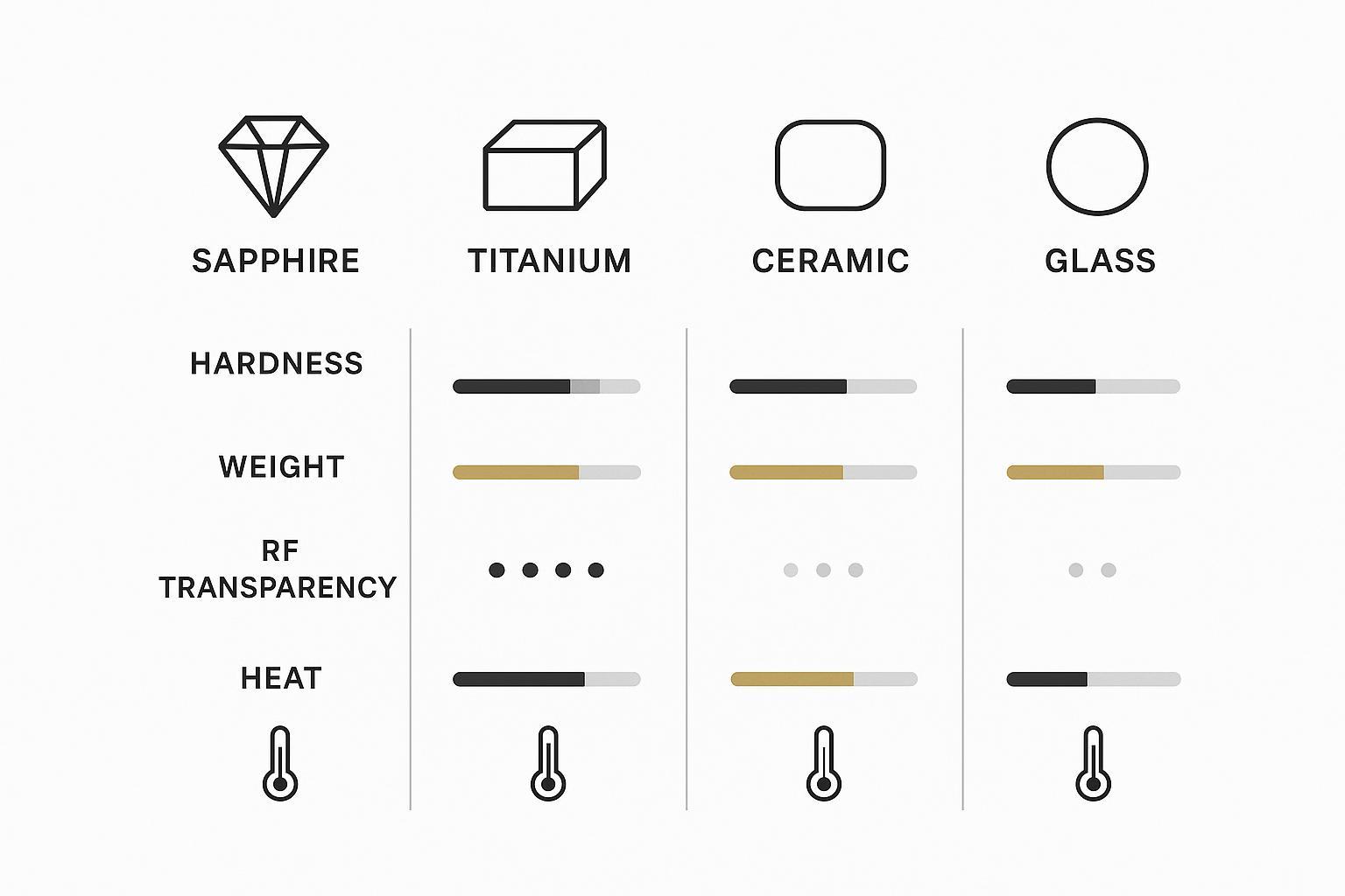 A side-by-side materials infographic comparing hardness, weight, RF transparency, and heat of sapphire, titanium, ceramic, and glass