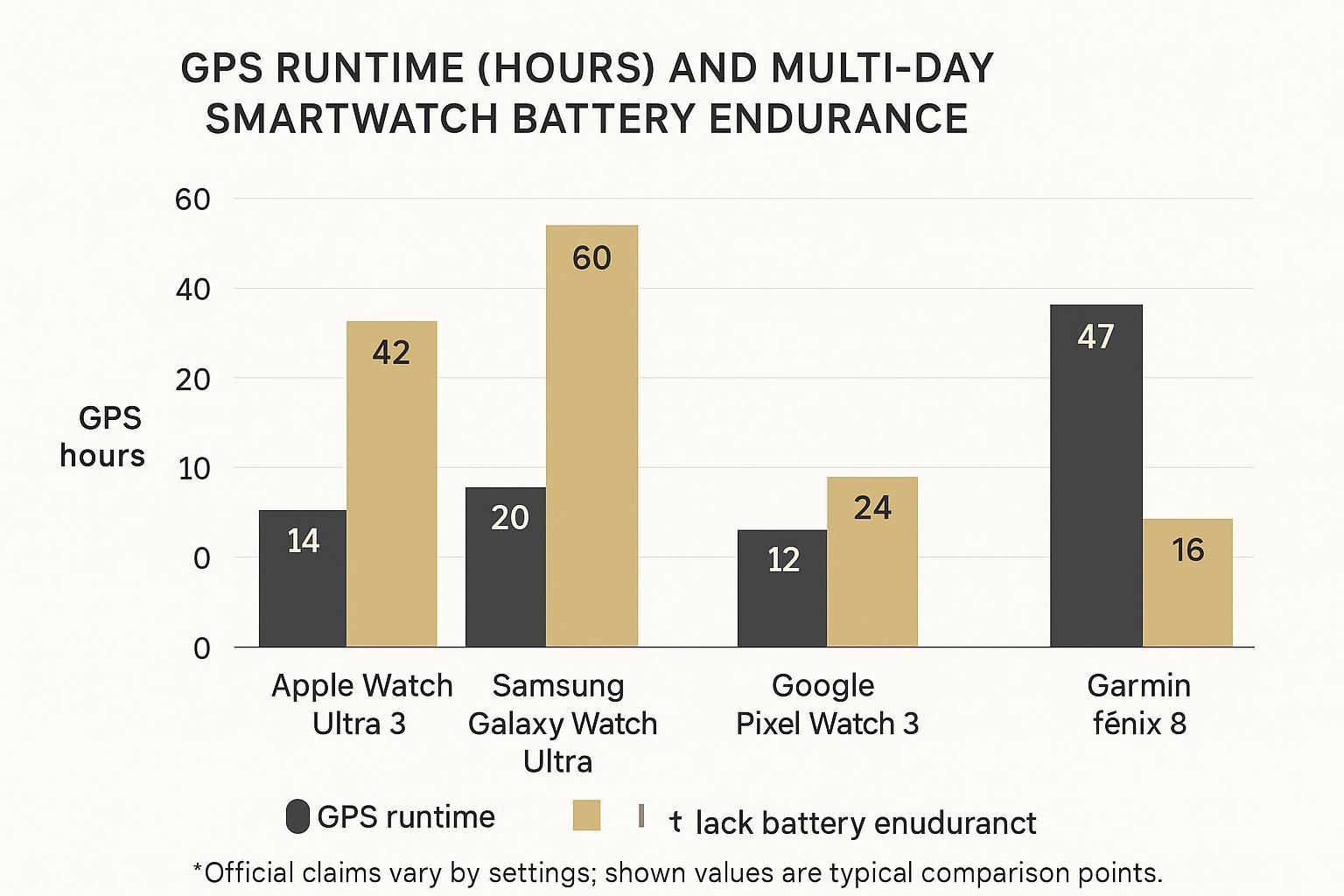 A bar chart visualizing GPS runtime and multi-day battery endurance for leading fitness and battery watches