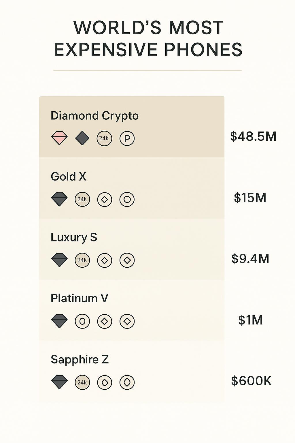 Infographic showing a price ladder of the most expensive phones, with icons for materials and scarcity