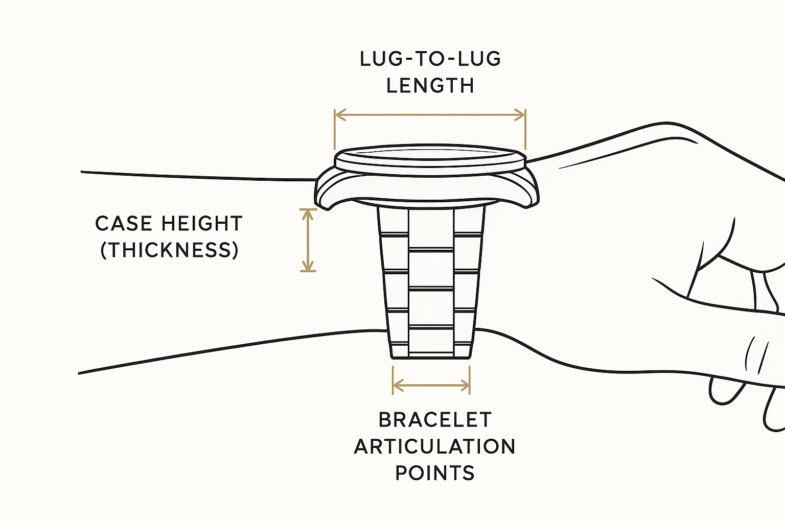 A side-profile wrist diagram showing case height, lug-to-lug, and bracelet articulation points.