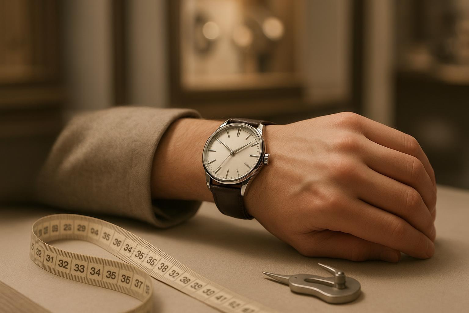 Close-up of a watch being tried on with sizing tools visible