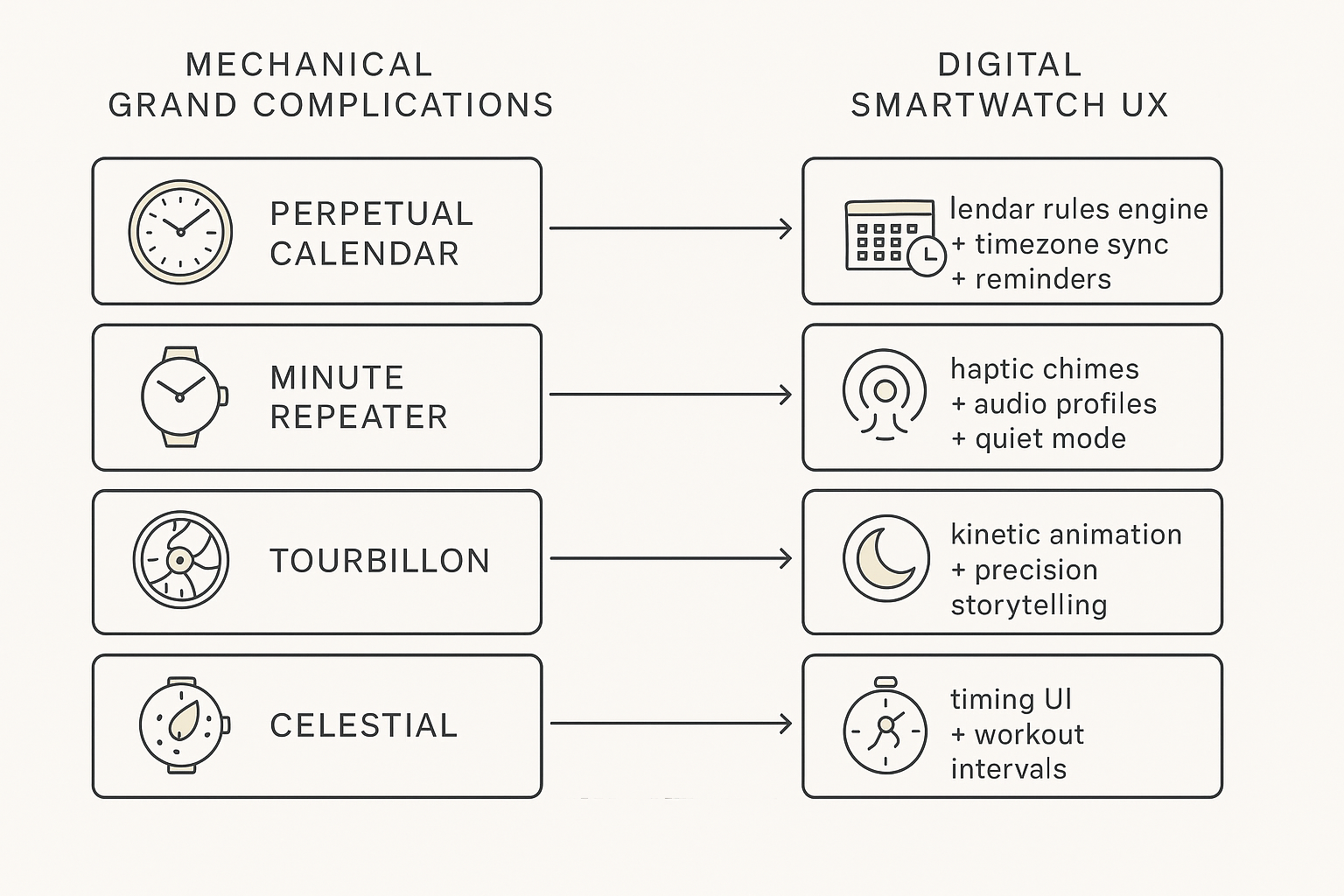 Schematic: mapping mechanical grand complications to digital UX — calendar rules engine, haptic chimes, kinetic visuals, astronomy APIs