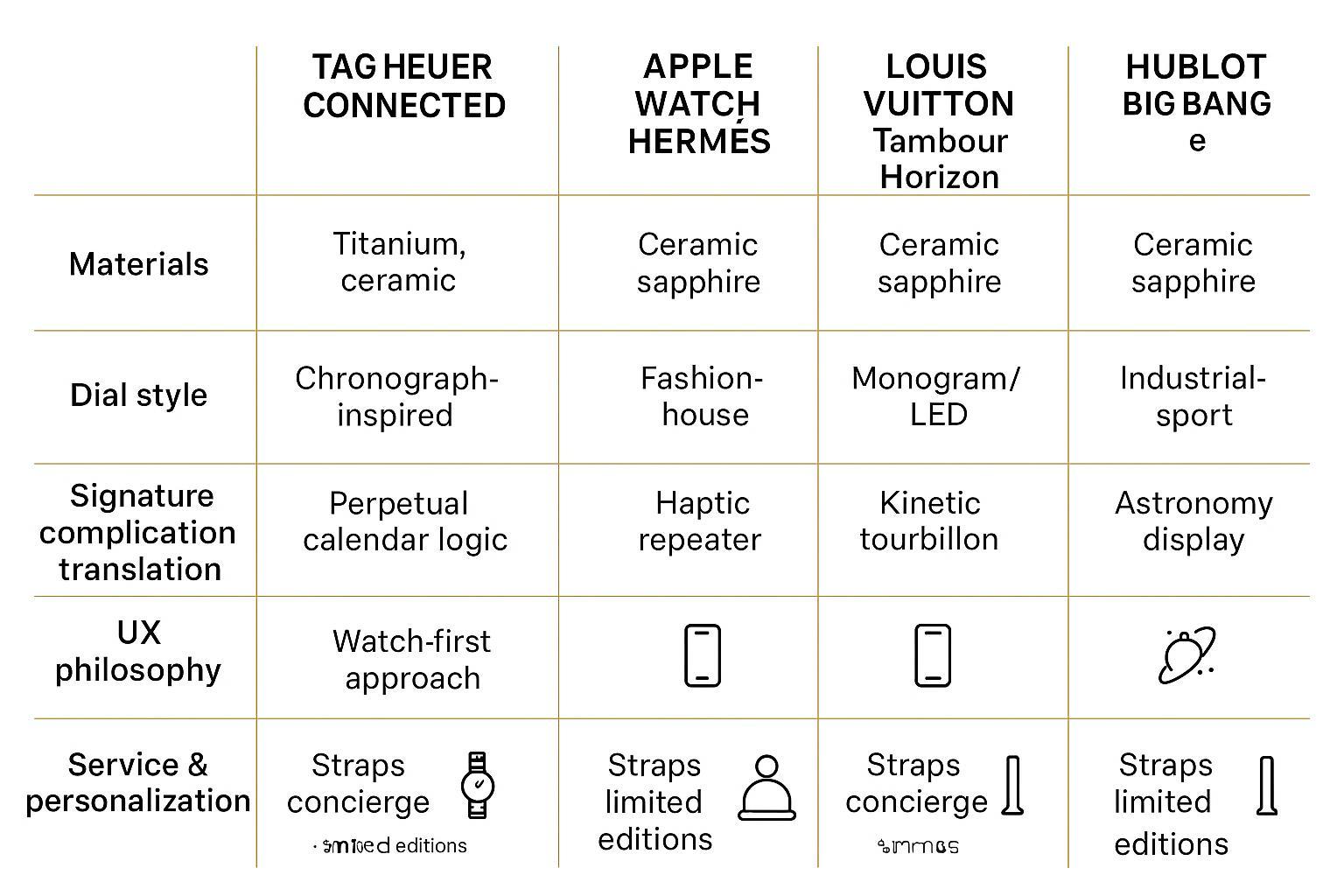 Infographic: comparison of luxury smartwatch implementations — materials, dial styles, and signature complication translations