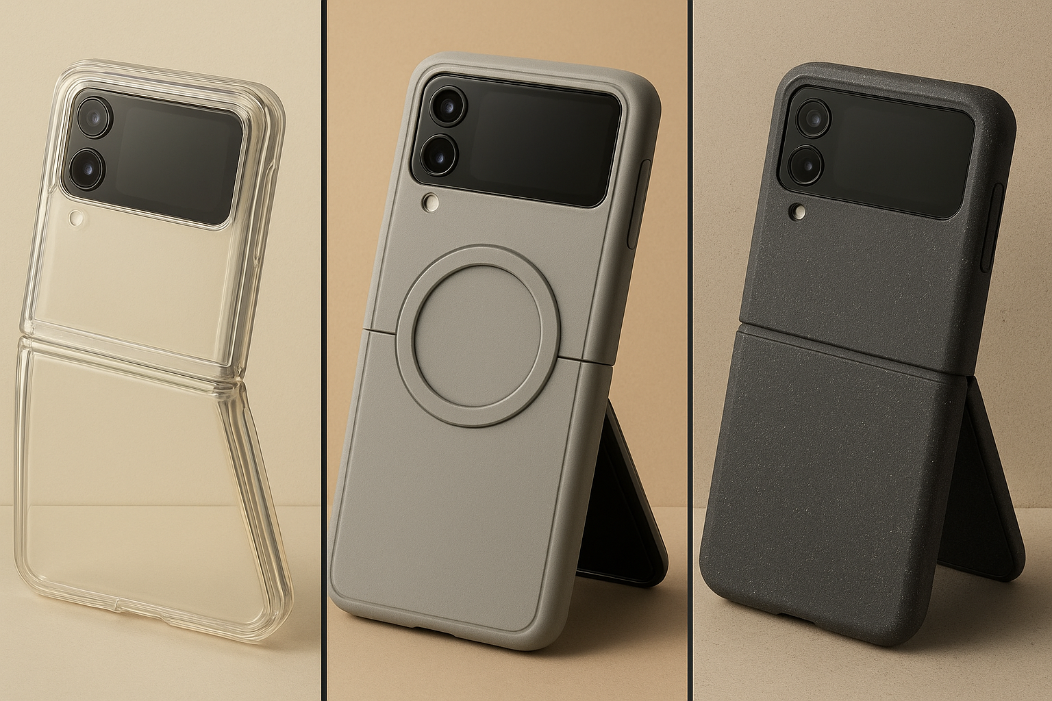 A 2026 trend-collage showing anti-yellowing clear cases, slim magnetic rings, and textured grip materials.