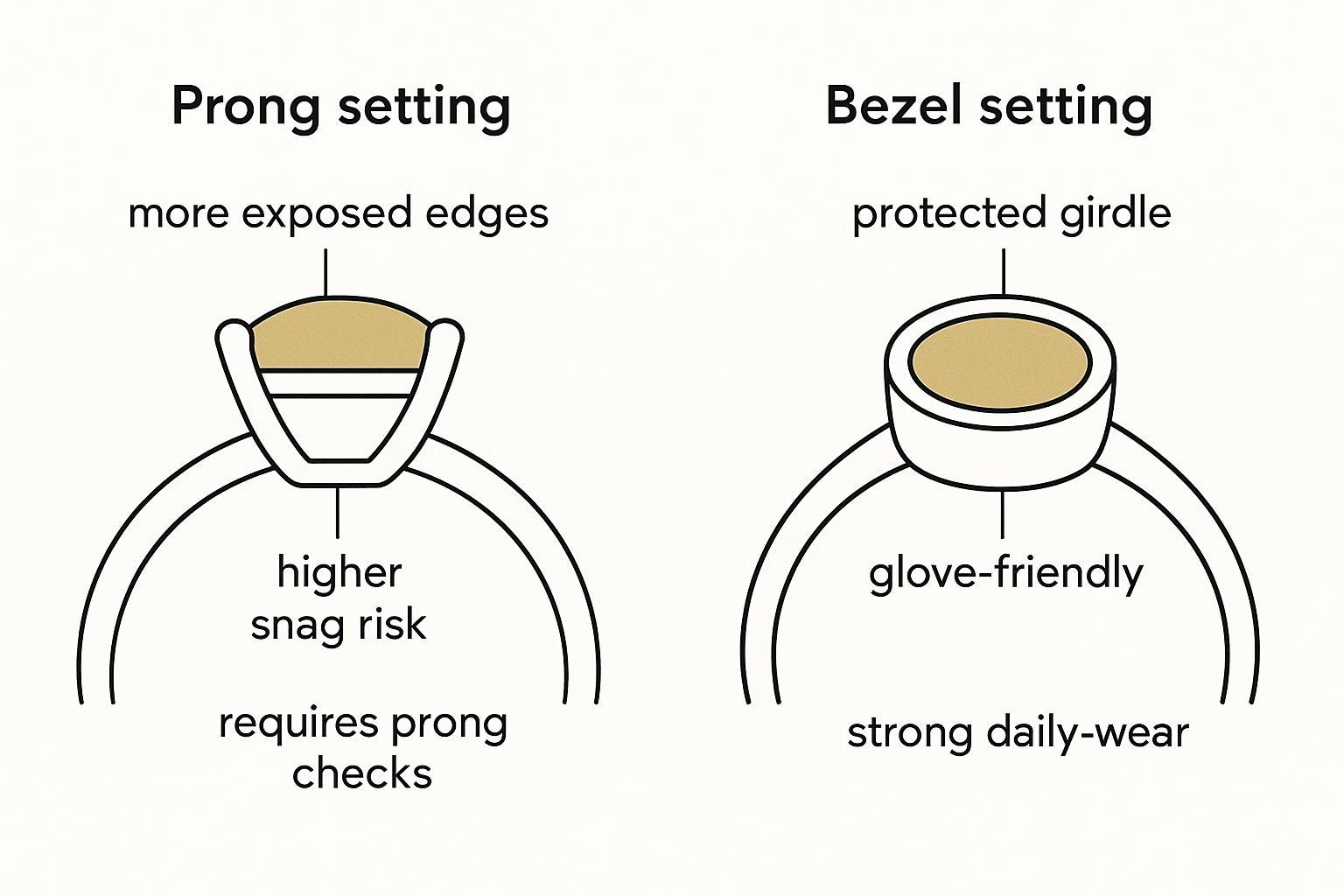 Diagram: prong vs bezel setting profiles on designer gemstone jewelry, with daily-wear notes on snag risk and edge protection.