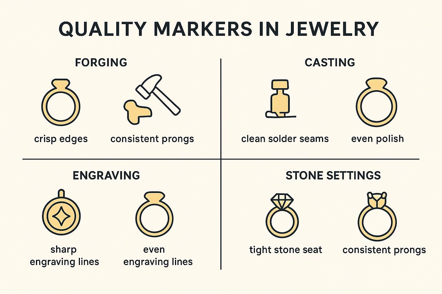 An infographic diagram linking jewelry techniques to visible quality markers for buyers