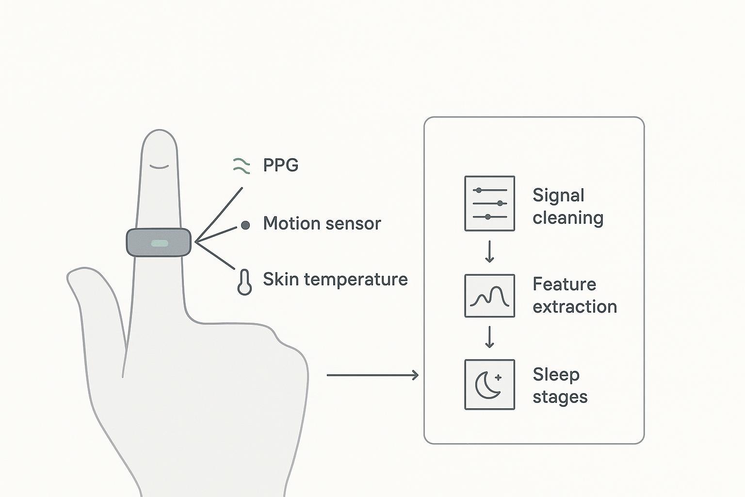 A diagram showing PPG at the finger, motion and temperature sensors, and the pipeline from signals to sleep stages