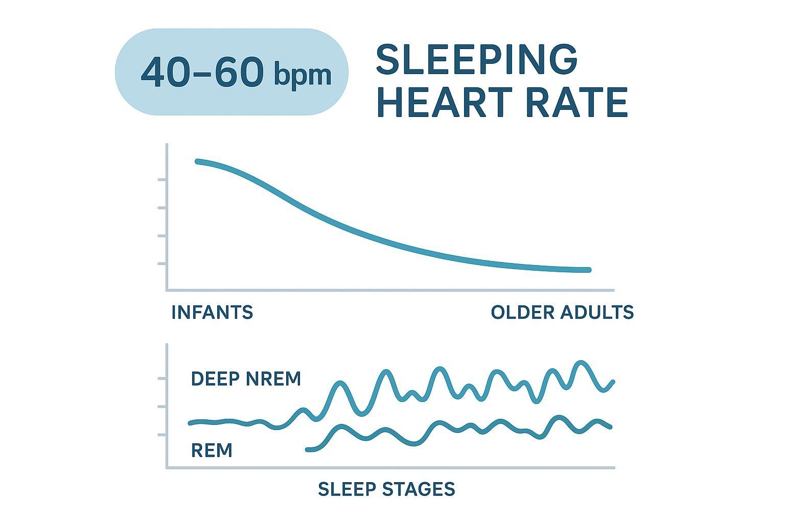 A simple chart showing adult 40–60 bpm, child-to-older-adult trends, and REM vs deep sleep HR shifts