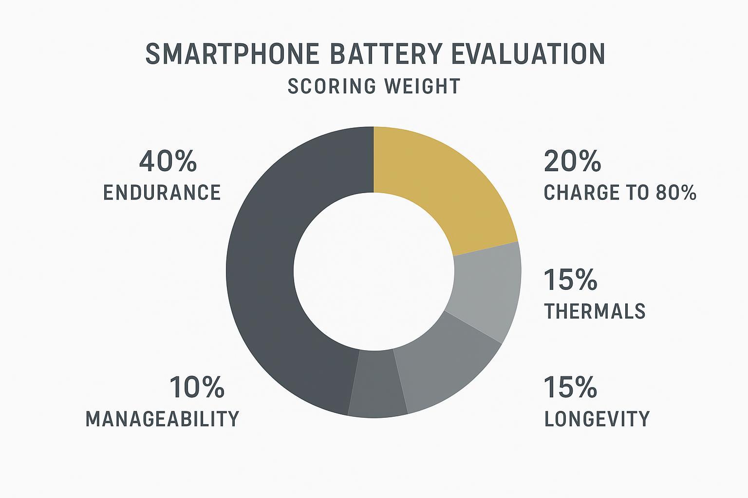 An infographic scoring-weight chart showing Endurance 40%, Charge to 80% 20%, Thermals 15%, Longevity 15%, Manageability 10%