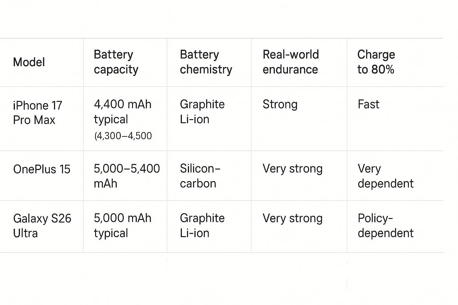 A compact comparison table image for business smartphone battery performance, comparing capacity, chemistry, runtime tests, charge to 80%, and support years