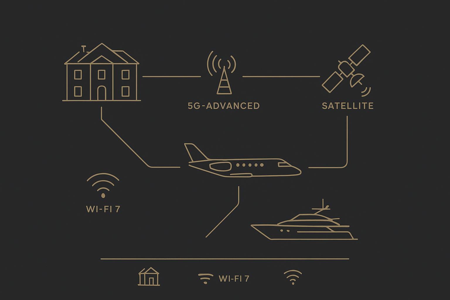 An annotated map linking estate, jet, and yacht via 5G-Advanced, Wi‑Fi 7, and satellite icons