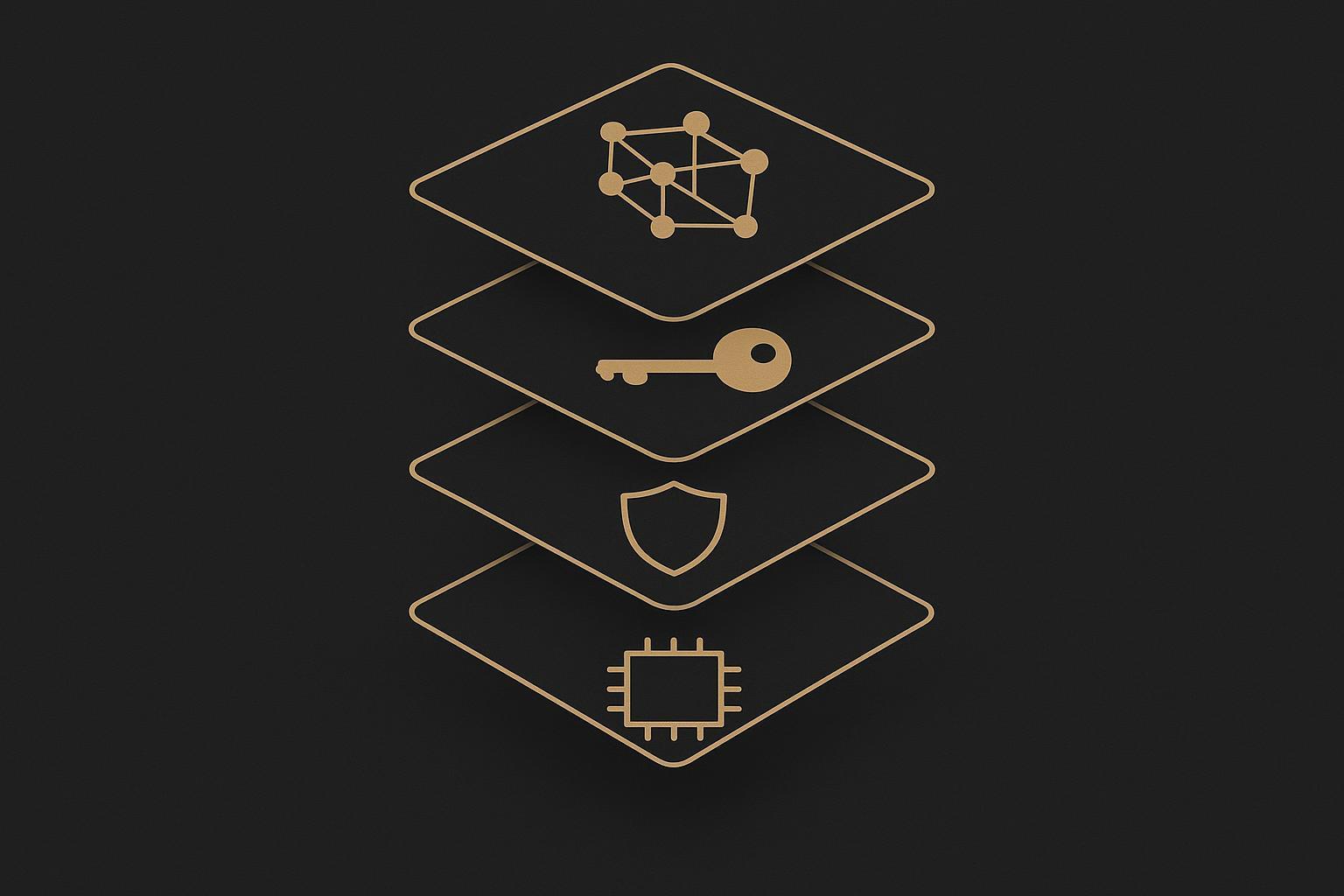 A layered security stack showing hardware root of trust, secure enclave, passkeys, and a post-quantum cryptography path