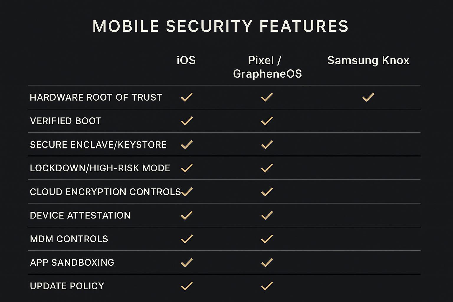 A side-by-side matrix comparing iOS, Pixel/GrapheneOS, and Samsung Knox security features