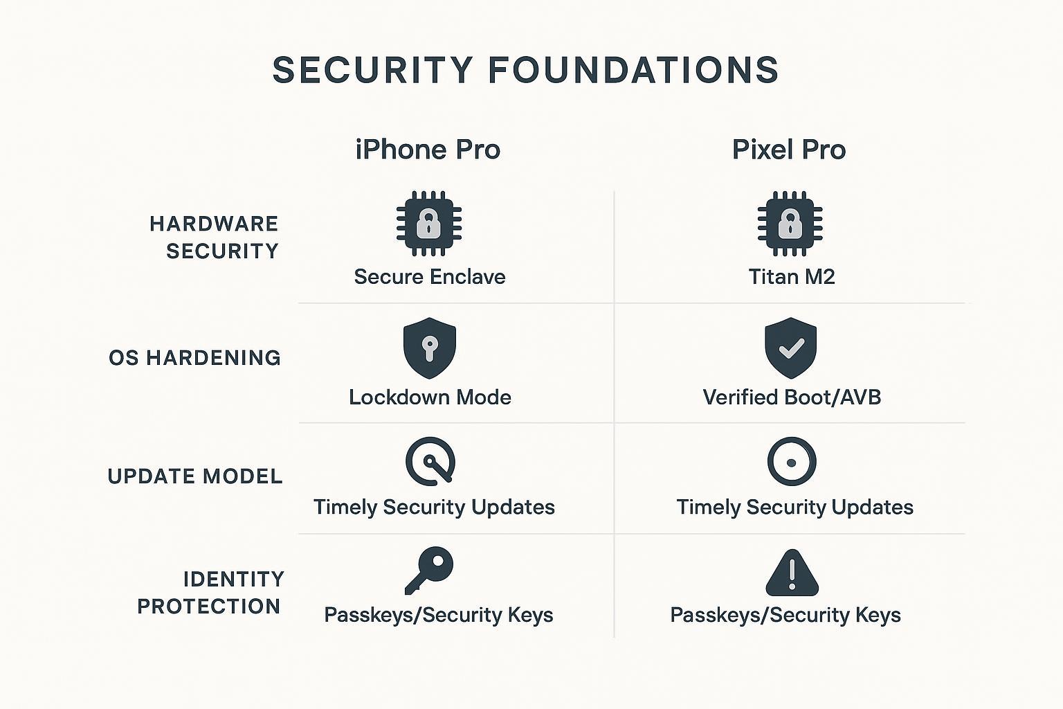 Side-by-side comparison infographic of iPhone Pro vs Pixel Pro security foundations, updates, and OS hardening