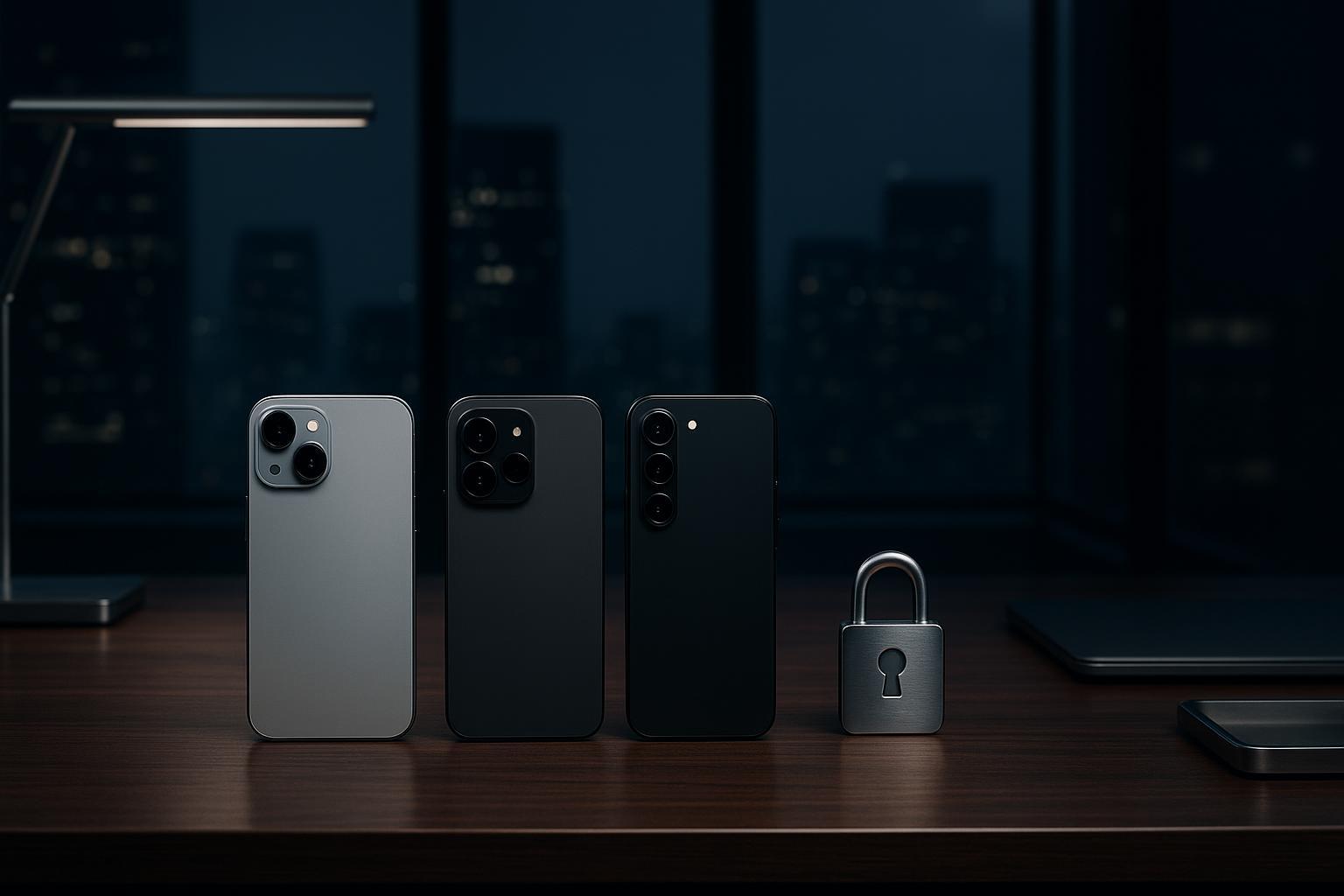 Comparison chart of iPhone 16 vs Pixel 9 with GrapheneOS vs Galaxy S25 with Knox across root of trust, update window, E2EE, and enterprise controls