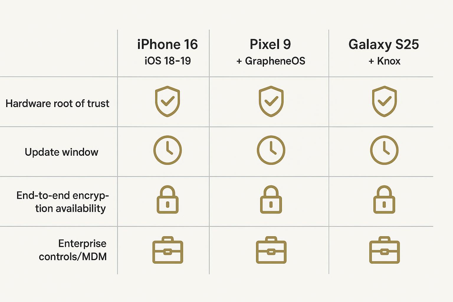 Decision flow diagram guiding executives to pick iPhone vs GrapheneOS Pixel vs Galaxy Knox based on risk, MDM needs, and ecosystem