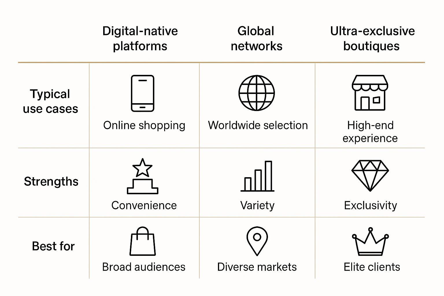 A clean comparison matrix of concierge provider models, showing typical use cases, strengths, and best-fit scenarios
