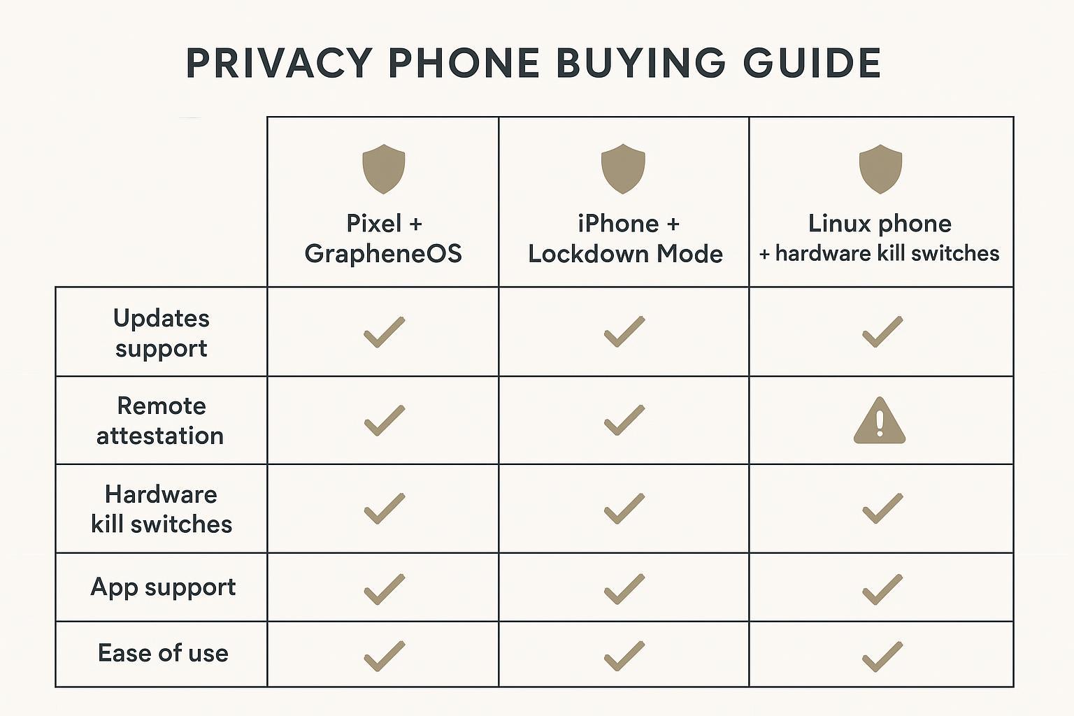 Annotated matrix comparing privacy phone platform paths (updates, attestation, kill switches, app support, ease).