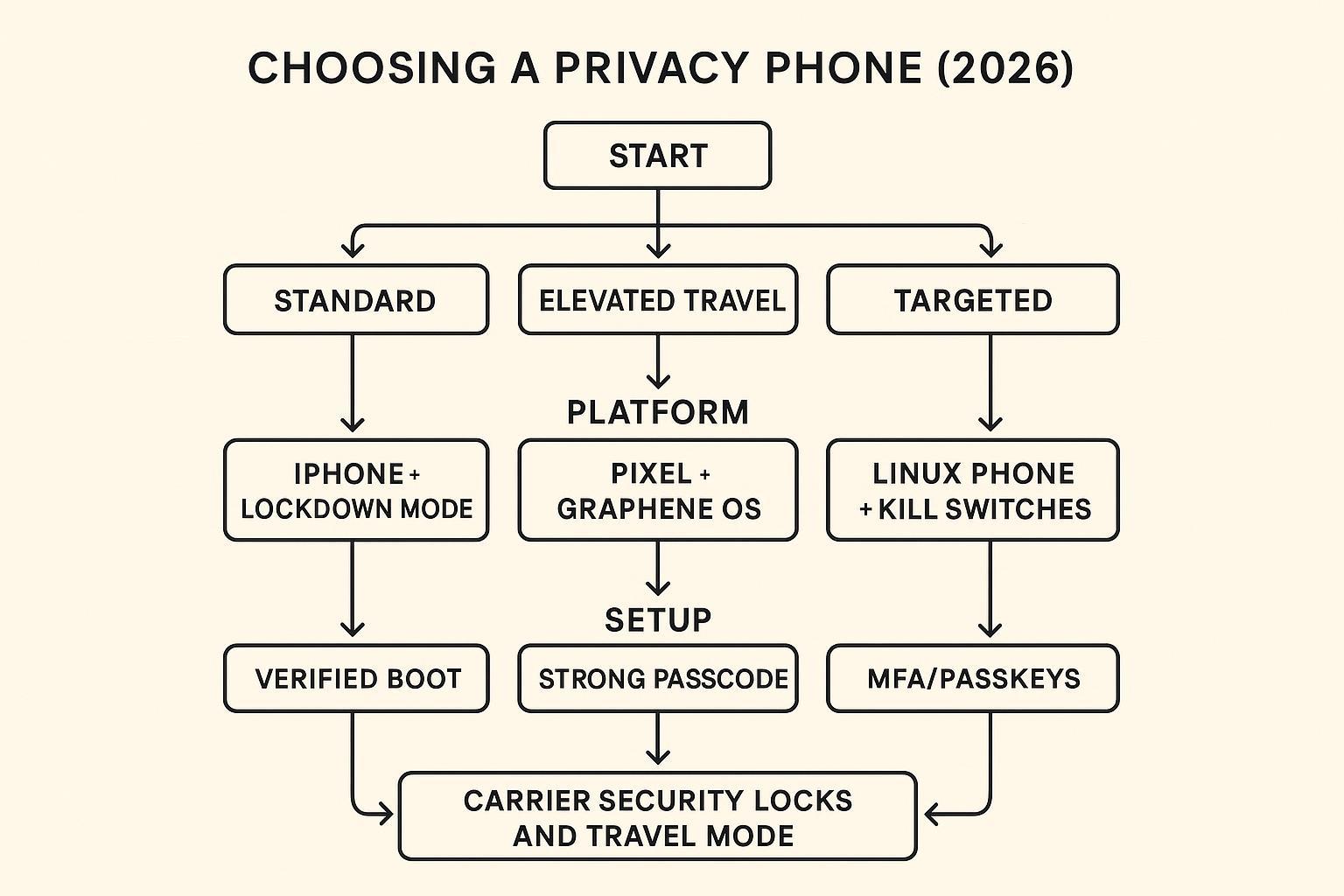 Decision tree infographic guiding entrepreneurs from threat level to privacy phone platform choice and setup locks.