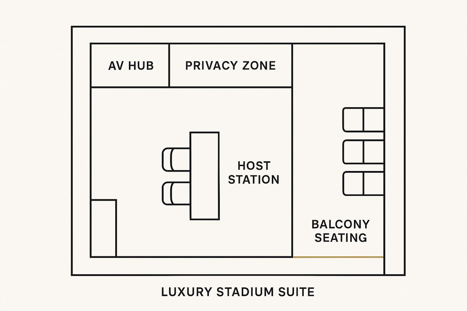 Simplified floor plan of a luxury suite showing AV hub, privacy zones, host station, and balcony seating