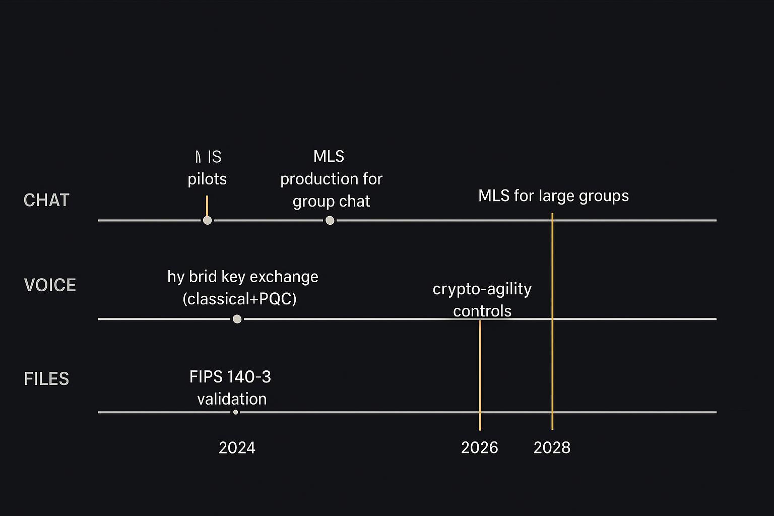A timeline diagram of MLS rollout and hybrid PQC migration paths across chat, voice, and files.