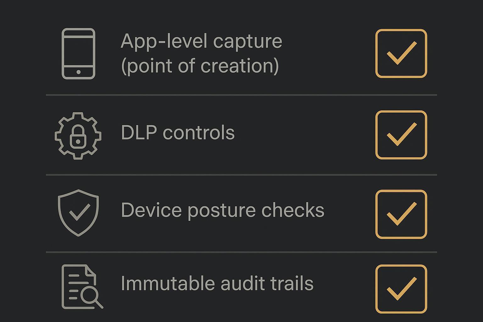 A visual checklist highlighting app-level capture, DLP controls, device posture, and audit trails.